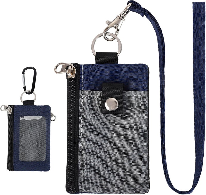 MASAPHIL MASAPHlL Small Lanyard Wallet for Women/Men with RFID Blocking ID Holder, Minimalist Nylon Zipper Lanyard Pouch, Travel Neck Wallet with Keychain, ID Window for Card,Coin,Cash (Gray+Dark Blue) - Image 1